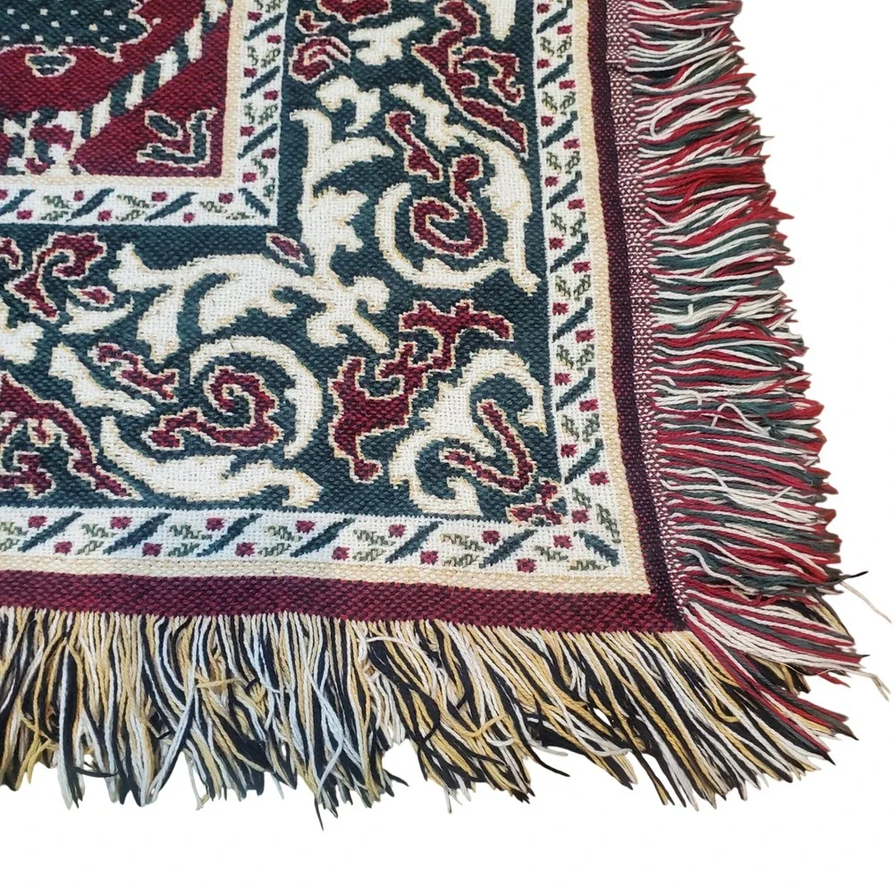 Fieldcrest Christmas‎ Woven Tapestry Throw Blanket Holly & Berries Cotton Fringe